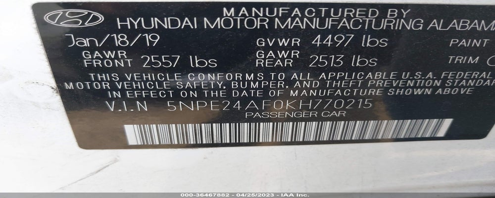 5NPE24AF0KH770215 2019 HYUNDAI SONATA photo no. 9