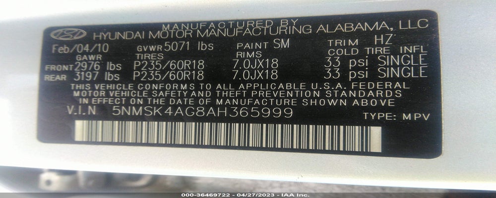 5NMSK4AG8AH365999 2010 HYUNDAI SANTA FE photo no. 9