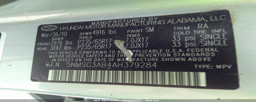5NMSG3AB4AH379284 2010 HYUNDAI SANTA FE photo no. 9