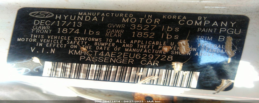 KMHCT4AE2EU629728 2014 HYUNDAI ACCENT photo no. 9