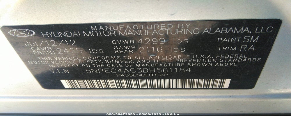 5NPEC4AC3DH561184 2013 HYUNDAI SONATA photo no. 9
