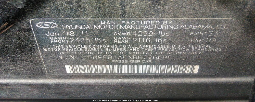 5NPEB4ACXBH226696 2011 HYUNDAI SONATA photo no. 9