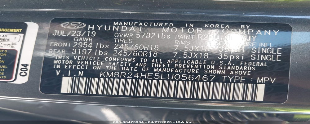KM8R24HE5LU056467 2020 HYUNDAI PALISADE photo no. 9