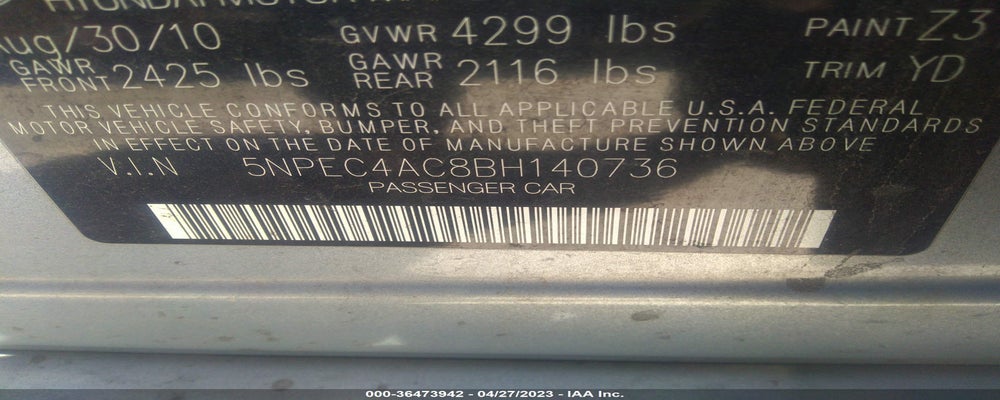5NPEC4AC8BH140736 2011 HYUNDAI SONATA photo no. 9