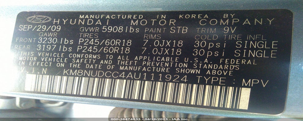 KM8NUDCC4AU111924 2010 HYUNDAI VERACRUZ photo no. 9