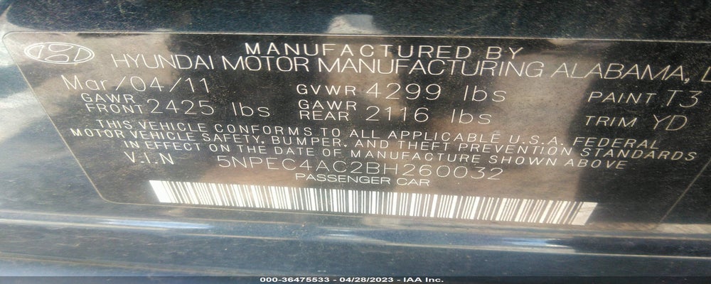 5NPEC4AC2BH260032 2011 HYUNDAI SONATA photo no. 9