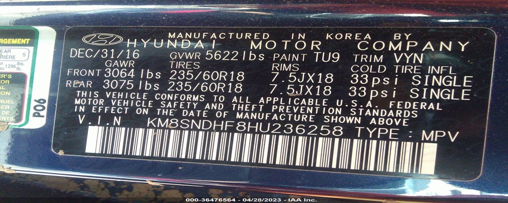 KM8SNDHF8HU236258 2017 HYUNDAI SANTA FE photo no. 9