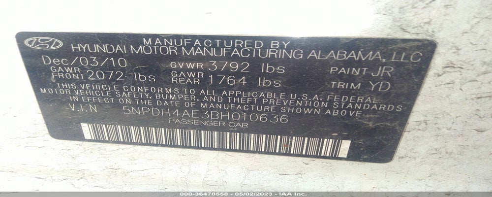 5NPDH4AE3BH010636 2011 HYUNDAI ELANTRA photo no. 9