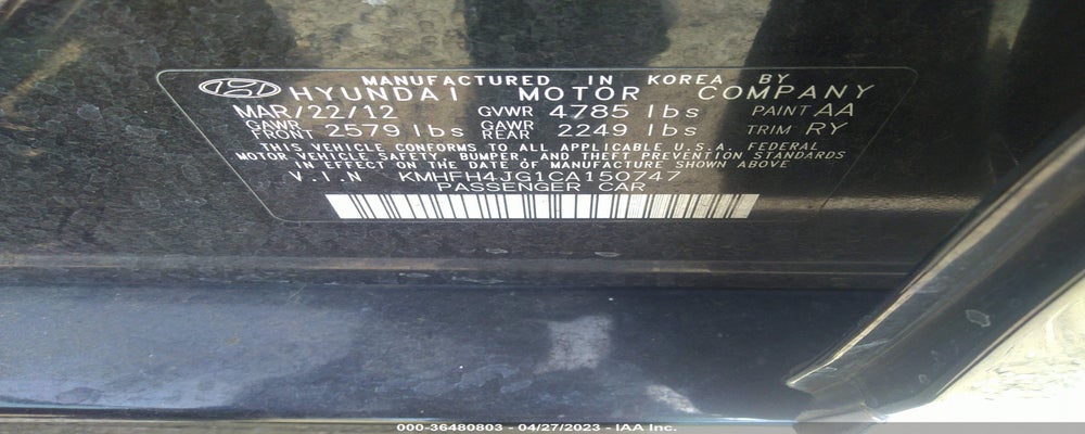 KMHFH4JG1CA150747 2012 HYUNDAI AZERA photo no. 9