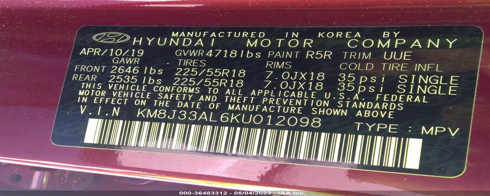 KM8J33AL6KU012098 2019 HYUNDAI TUCSON photo no. 9