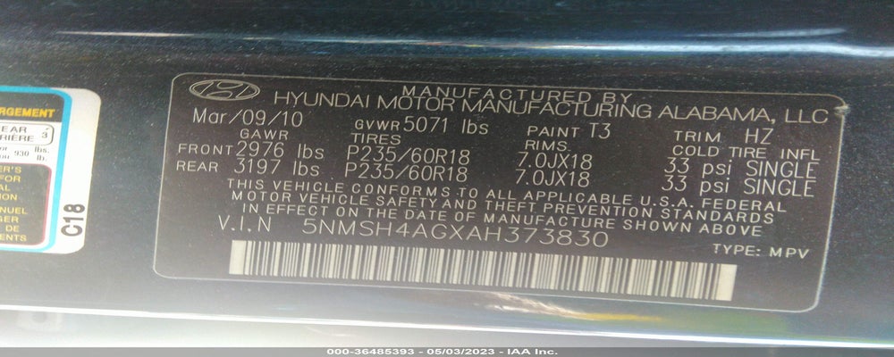 5NMSH4AGXAH373830 2010 HYUNDAI SANTA FE photo no. 9