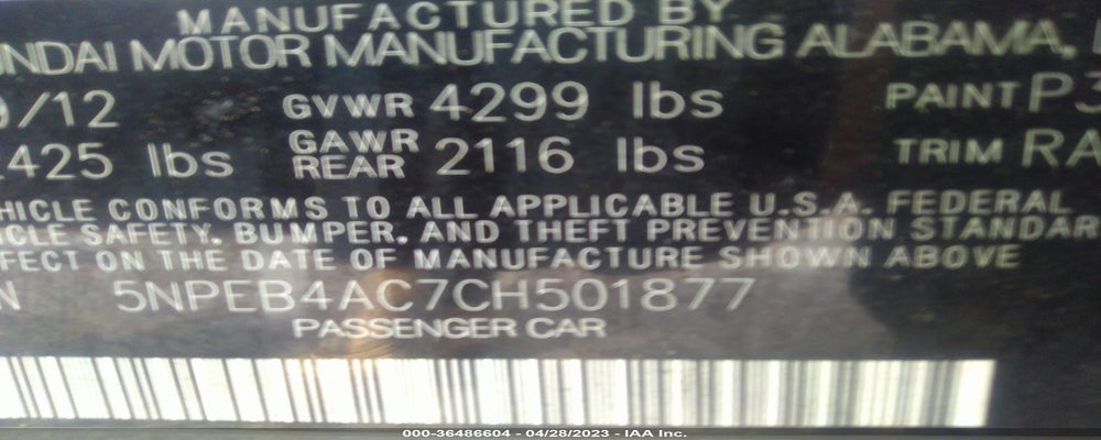 5NPEB4AC7CH501877 2012 HYUNDAI SONATA photo no. 9