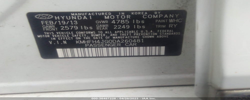 KMHFH4JG0DA260481 2013 HYUNDAI AZERA photo no. 9