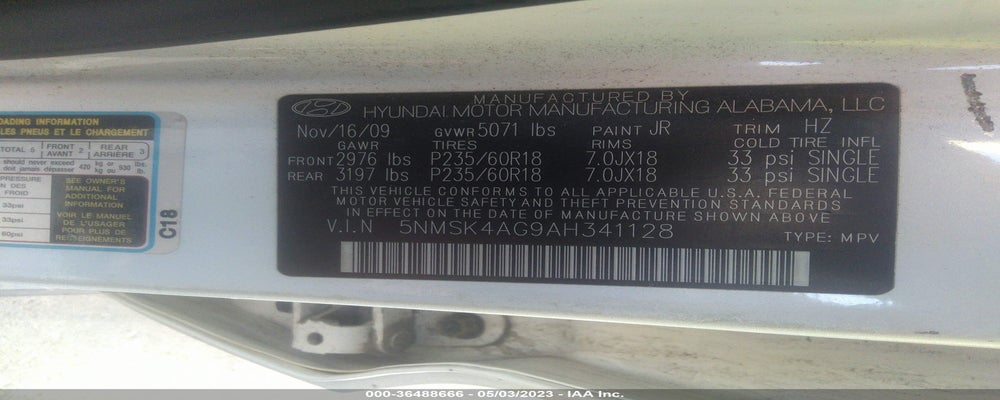 5NMSK4AG9AH341128 2010 HYUNDAI SANTA FE photo no. 9