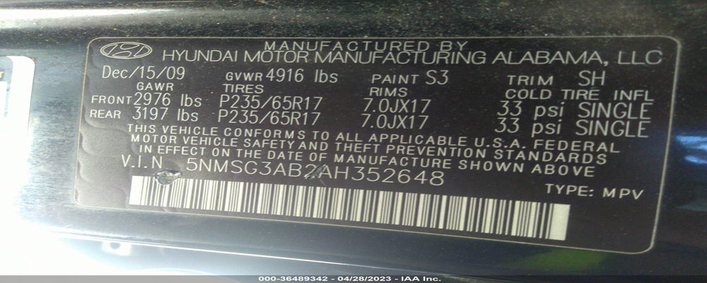 5NMSG3AB2AH352648 2010 HYUNDAI SANTA FE photo no. 9