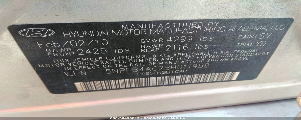 5NPEB4AC2BH011958 2011 HYUNDAI SONATA photo no. 9