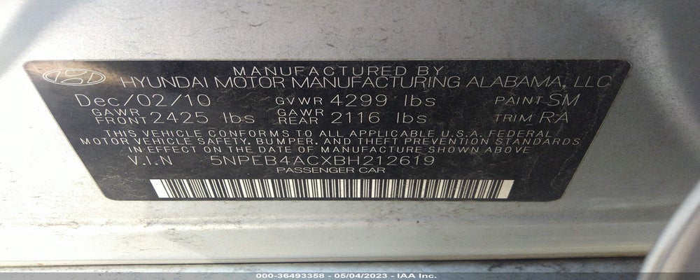 5NPEB4ACXBH212619 2011 HYUNDAI SONATA photo no. 9