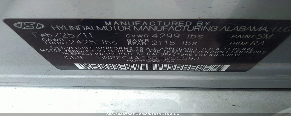 5NPEC4AC6BH255593 2011 HYUNDAI SONATA photo no. 9
