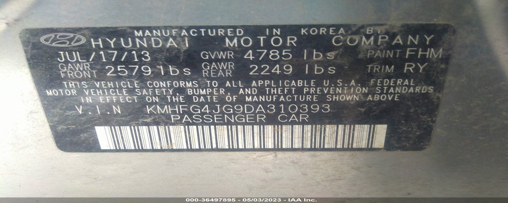 KMHFG4JG9DA310393 2013 HYUNDAI AZERA photo no. 9