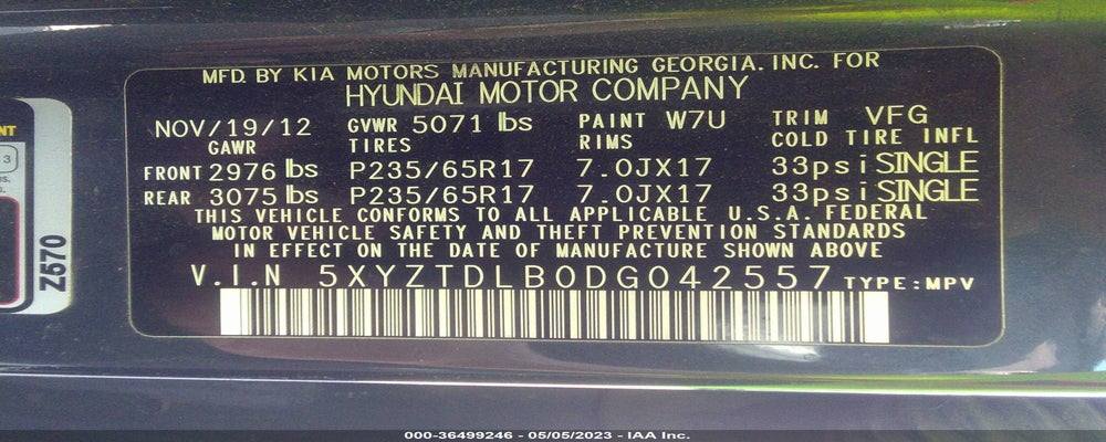 5XYZTDLB0DG042557 2013 HYUNDAI SANTA FE photo no. 9