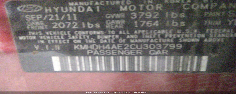 KMHDH4AE2CU303799 2012 HYUNDAI ELANTRA photo no. 9