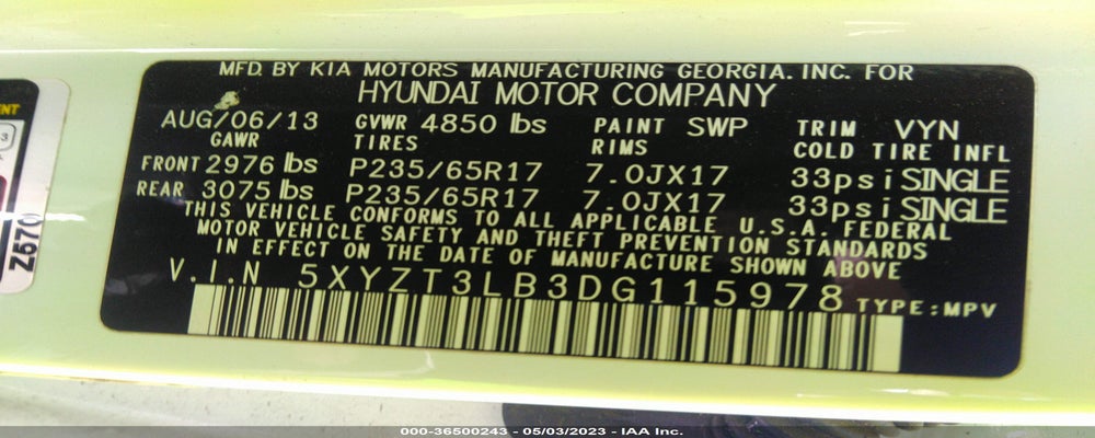 5XYZT3LB3DG115978 2013 HYUNDAI SANTA FE photo no. 9