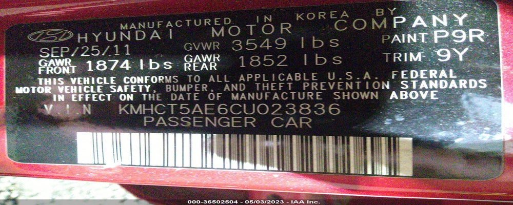 KMHCT5AE6CU023836 2012 HYUNDAI ACCENT photo no. 9