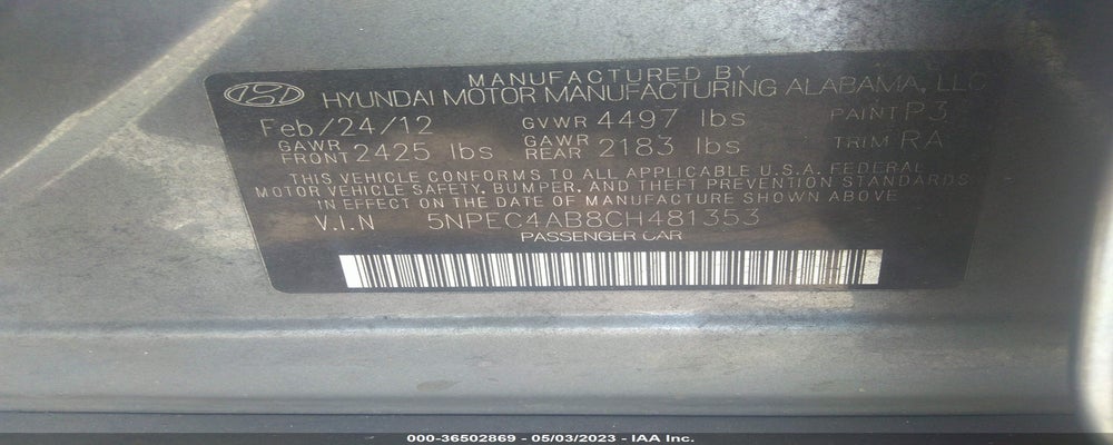 5NPEC4AB8CH481353 2012 HYUNDAI SONATA photo no. 9