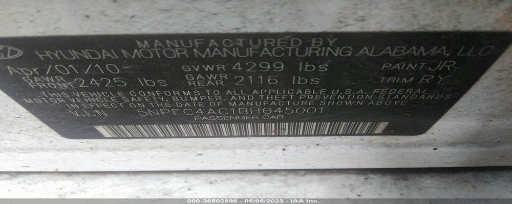 5NPEC4AC1BH045001 2011 HYUNDAI SONATA photo no. 9