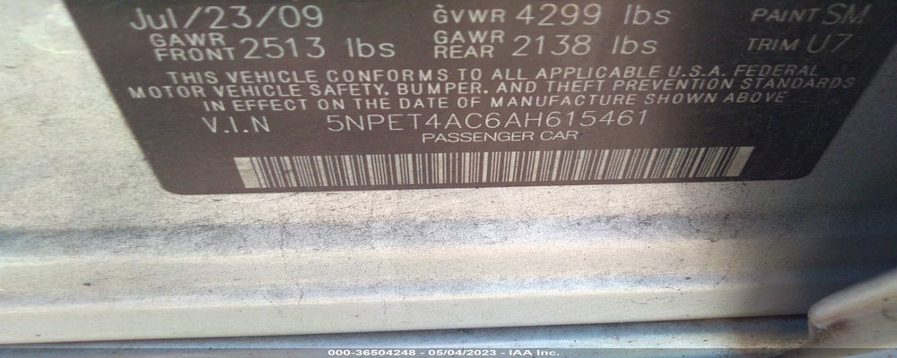 5NPET4AC6AH615461 2010 HYUNDAI SONATA photo no. 9
