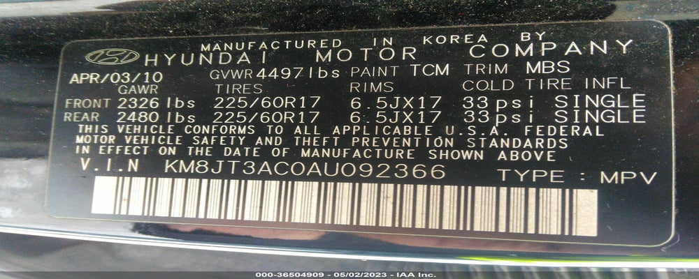 KM8JT3AC0AU092366 2010 HYUNDAI TUCSON photo no. 9