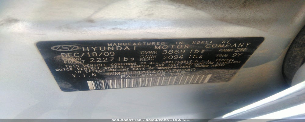 KMHDU4AD4AU976240 2010 HYUNDAI ELANTRA photo no. 9