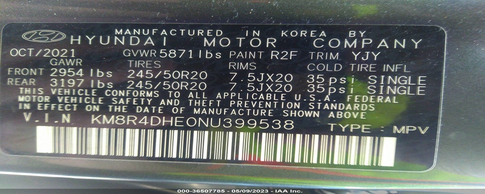 KM8R4DHE0NU399538 2022 HYUNDAI PALISADE photo no. 9