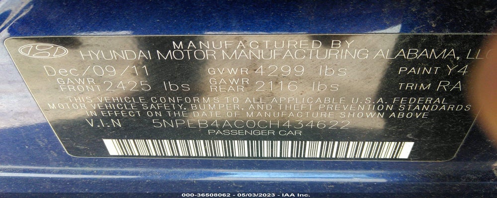 5NPEB4AC0CH434622 2012 HYUNDAI SONATA photo no. 9