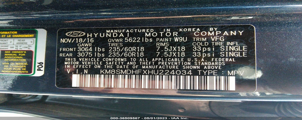 KM8SMDHFXHU224034 2017 HYUNDAI SANTA FE photo no. 9