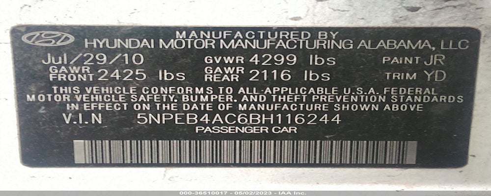 5NPEB4AC6BH116244 2011 HYUNDAI SONATA photo no. 9