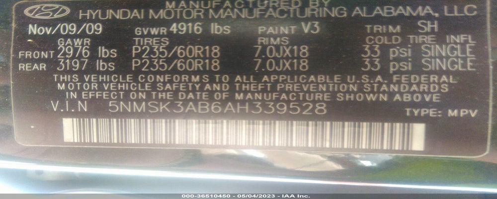 5NMSK3AB6AH339528 2010 HYUNDAI SANTA FE photo no. 9
