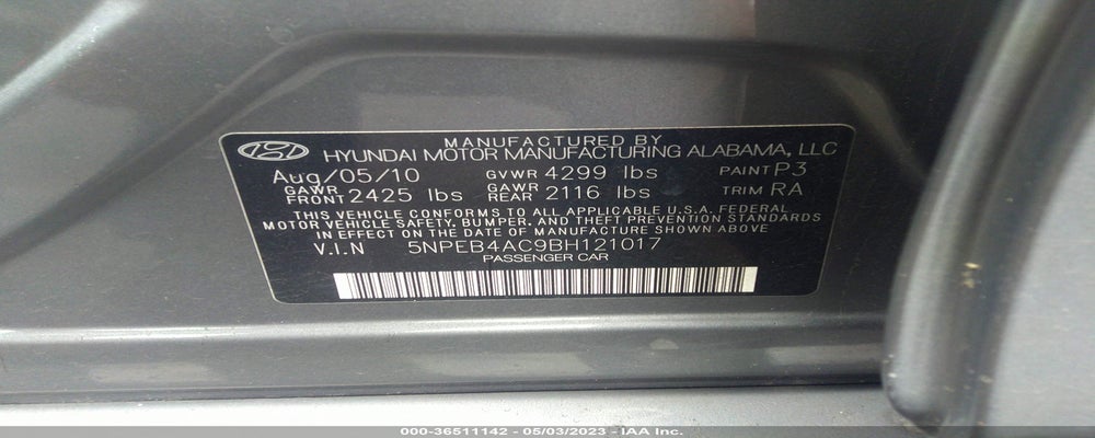 5NPEB4AC9BH121017 2011 HYUNDAI SONATA photo no. 9