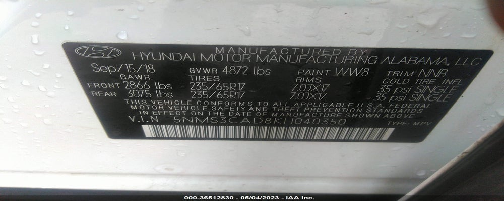 5NMS3CAD8KH040350 2019 HYUNDAI SANTA FE photo no. 9