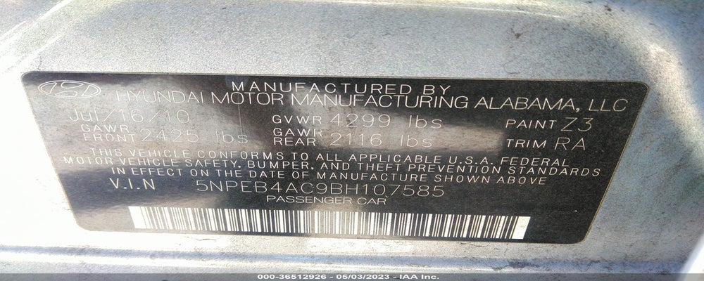 5NPEB4AC9BH107585 2011 HYUNDAI SONATA photo no. 9