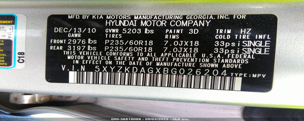 5XYZKDAGXBG026204 2011 HYUNDAI SANTA FE photo no. 9
