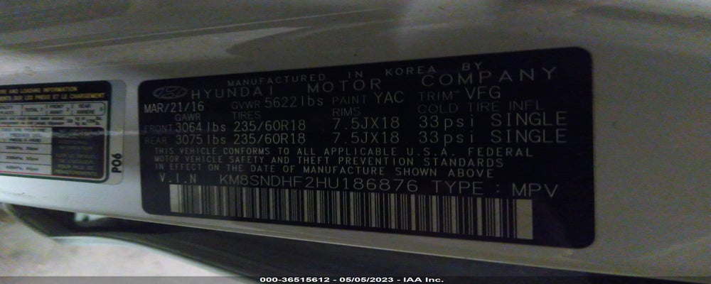KM8SNDHF2HU186876 2017 HYUNDAI SANTA FE photo no. 9