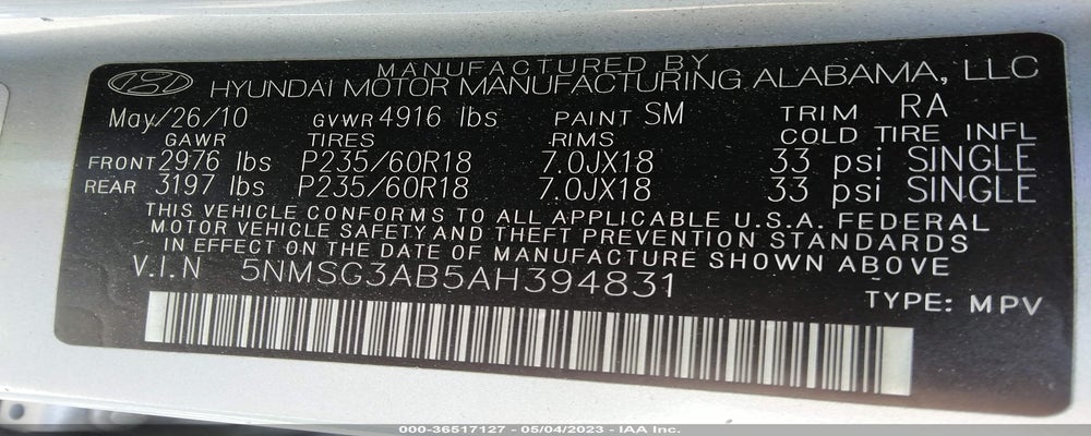 5NMSG3AB5AH394831 2010 HYUNDAI SANTA FE photo no. 9