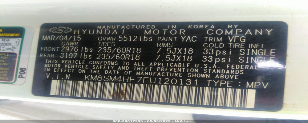 KM8SM4HF7FU120131 2015 HYUNDAI SANTA FE photo no. 9