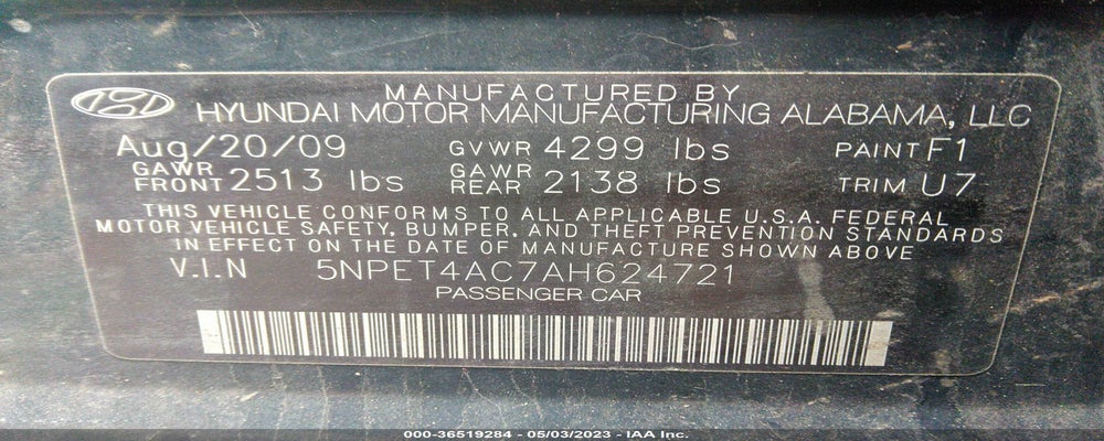 5NPET4AC7AH624721 2010 HYUNDAI SONATA photo no. 9