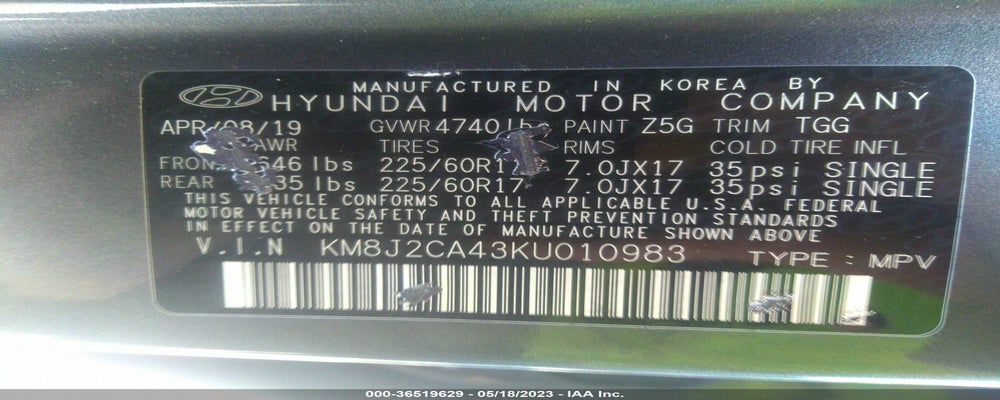 KM8J2CA43KU010983 2019 HYUNDAI TUCSON photo no. 9