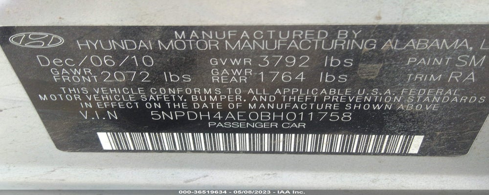 5NPDH4AE0BH011758 2011 HYUNDAI ELANTRA photo no. 9