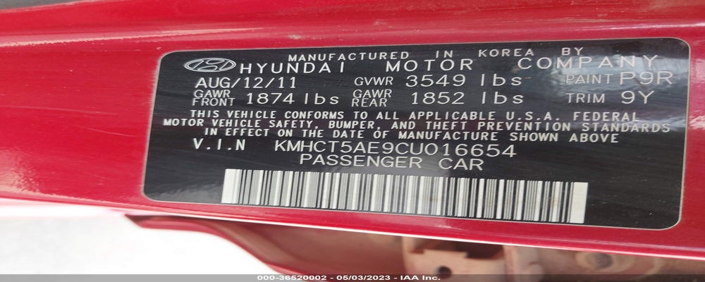KMHCT5AE9CU016654 2012 HYUNDAI ACCENT photo no. 9