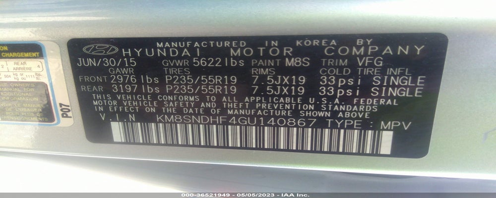 KM8SNDHF4GU140867 2016 HYUNDAI SANTA FE photo no. 9
