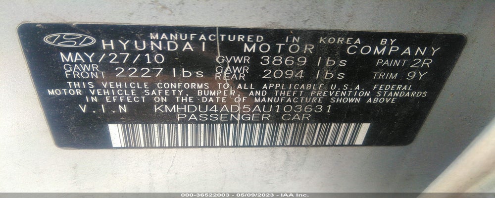 KMHDU4AD5AU103631 2010 HYUNDAI ELANTRA photo no. 9